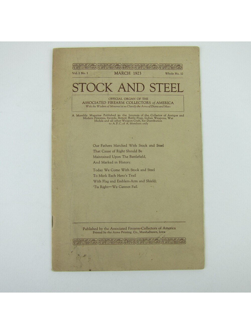 Associated Firearms Collectors of America Stock & Steel Magazine Antique 1923